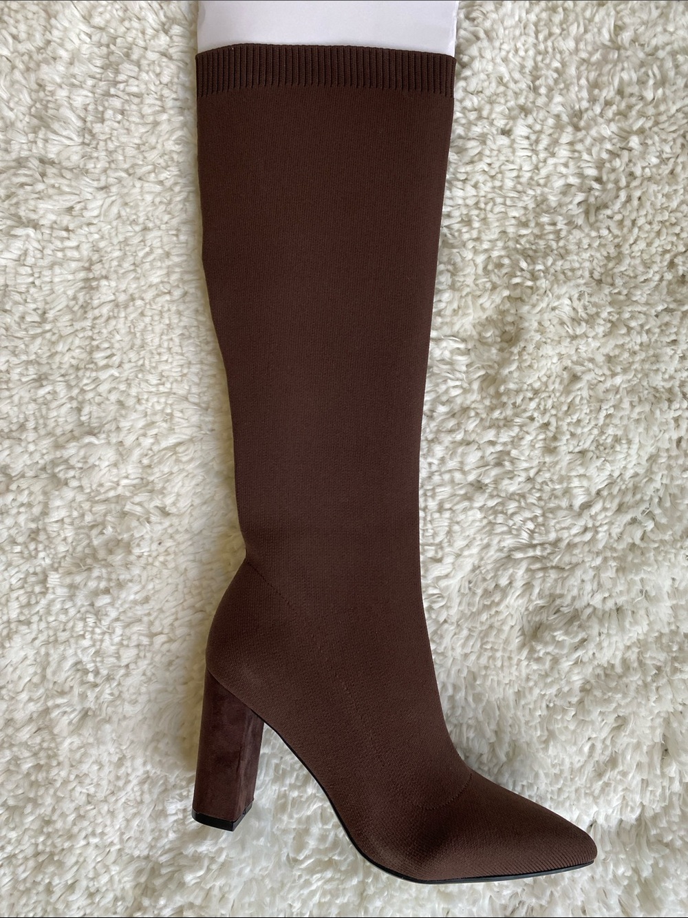 Brown Stretch-Knit Knee-High Boot with Block Heel